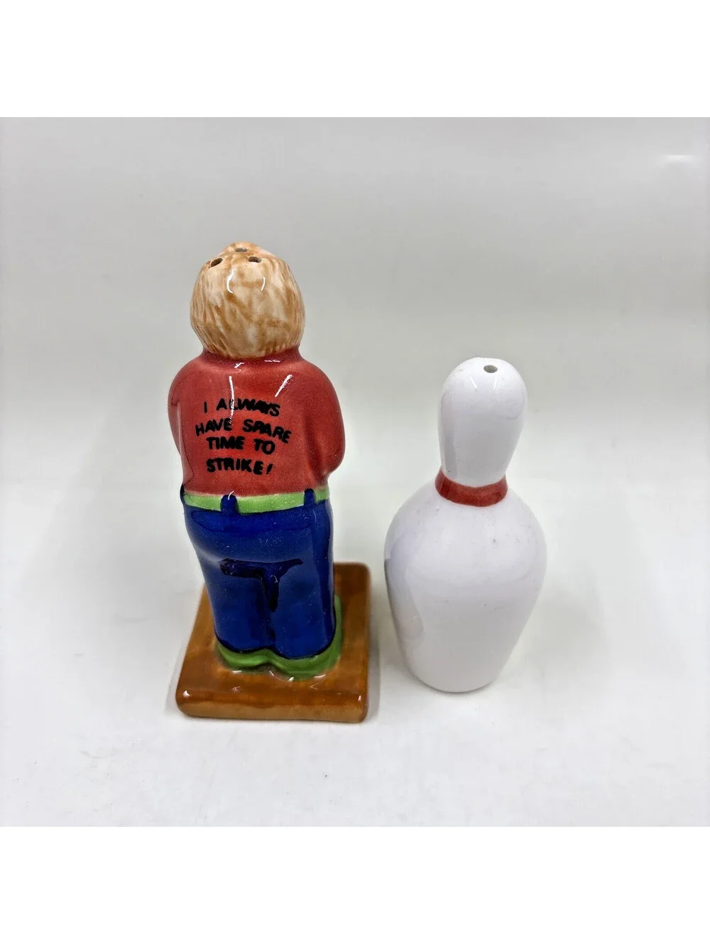 Vintage Bowling Ball & Pin W/ Bowler Salt and Pepper Shaker Set Ceramic RARE